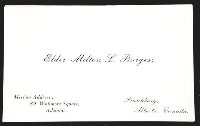 Calling card of Milton Leo Burgess from his time as a Mormon missionary in Adelaide, Australia